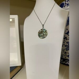 Spiral Abalone Pendant Necklace on Silver Tone Chain